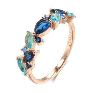 Gorgeous Blue AAA Zircon Crystals Leaf Ethnic 14K Rolled Rose Gold Luxury Ring For Women -  Daily Party Jewellery